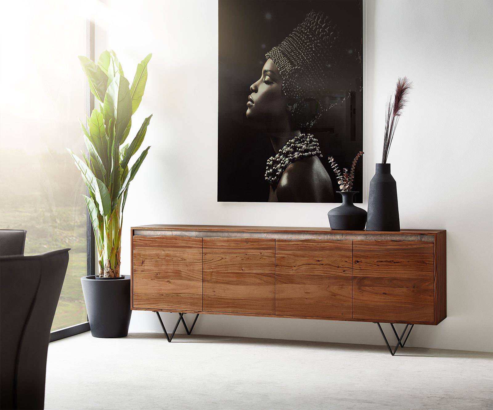 DELIFE Sideboard Stonegrace 200 cm Akazie Braun Baumkante 4 Türen V-Fuß Schwarz, Sideboards